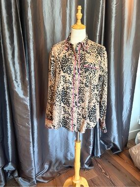 Tan Leopard Print Button-Up Pajama Style Blouse with Pink Satin Trim